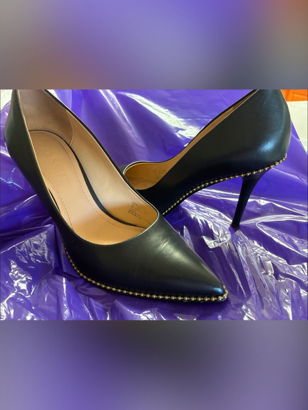 Coach Black leather 3 inch heels, 7b, brass looking trim, shoes